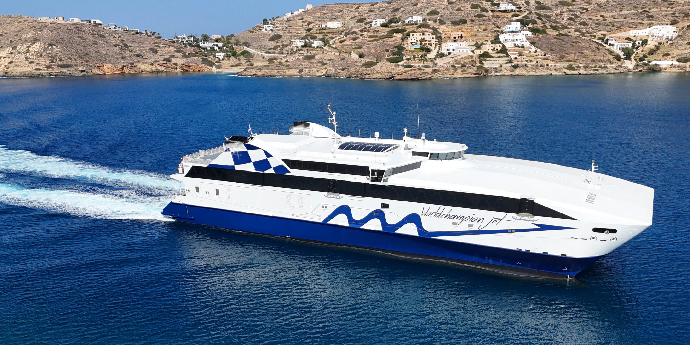 The high-speed ferry WorldChampion Jet of Seajets arrives at the island of Ios
